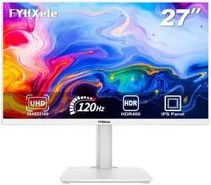 FYHXele 27 inch 4K Gaming Monitor, UHD 3840x2160 Fast IPS Panel Computer PC Monitor, 120Hz, 100% sRGB, FreeSync & G-Sync, HDR 400 Support, HDMI 2.1 & DP 1.4, VESA Mountable-White