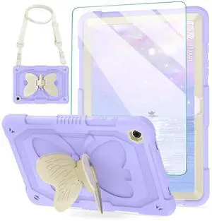 for Samsung Galaxy Tab A9 Plus Case 11 Inch 2023 with Screen Protector, Butterfly Kickstand, Shoulder Strap Cute for Kids Rugged Cover for Galaxy Tab A9+ (SM-X210/X216/X218) Purple