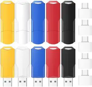 2GB Flash Drives 10 Pack Wooolken USB 2.0 Thumb Drives with 5 Pack USB C Adapters and Lanyards,Memory Sticks for Data Storage