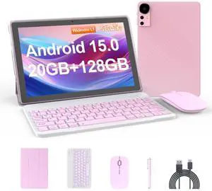 Nyxolaria Tablet 10.1Inch Android 15.0, RAM 20GB(4+16Expand)+ROM 128GB, 6000mAh Battery, 2+8MP Dual Camera, 1280*800 IPS HD Touch Screen Tab PC Set with Keyboard+Mouse+Protective Case+Stylus, (Pink)