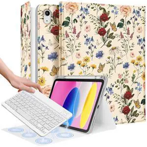 Wazzasoft for iPad 10th Generation Case with Keyboard - for iPad A16 Cases Pencil Holder 10.9 Inch Cover Women Girls Cute Girly Floral Flower Design Funda for Apple Tablet 10th/11th gen