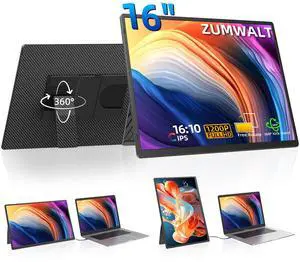 Portable Monitor, 16 Inch 1200P FHD Laptop Screen Extender Dual Monitor, 360° Rotating Detachable Stand Plug n Play, Ultra Slim Zero Frame, Travel Portable Screen for Laptop/PC/Mac/Windows/PS5