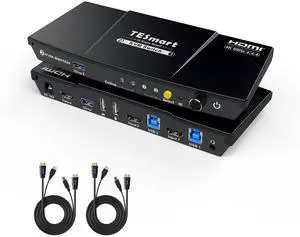 TESmart USB 3.0 HDMI KVM Switch 1 Monitor 2 Computers 4K@60Hz, L/R Audio & Microphone, 2 Port EDID Emulators, Hotkey Switching, Button Switching with Remote Switch and All Input Cables