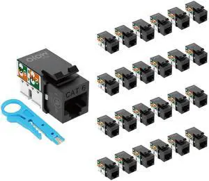 Tecmojo UL Listed 10Gbps Cat6 Keystone Jack Insert 25 -Pack, 90 Degree Punch Down RJ45 Keystone Jack Adapter Slim Profile for Patch Panel & Wall Plate, Black