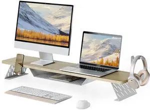 Fenge Dual Monitor Stand, 42.5 Inch Monitor Riser for Desk, Wood Desk Shelf for 2 Monitors, 2 Tier Monitor Shelf with Headphone Stand & Phone Holder