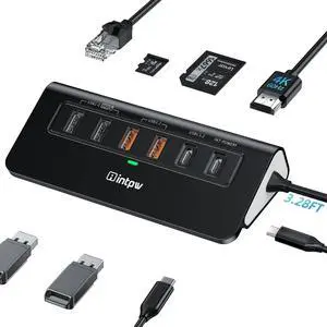 intpw USB C Hub Ethernet, 10Gbps Laptop Docking Station 10-in-1, 4K@60Hz HDMI, 3 USB C/A 3.2 Data, LAN, 2 USB A 2.0, PD 100W, SD/TF Ports, 3.28FT Powered USB Hub for Laptop, PC, iPhone 16/15, Mac