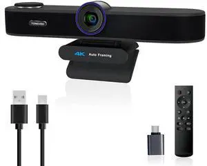 3-in-1 4K Webcam with Microphones and Speaker, AI Auto-Tracking 5X Digital Zoom Webcam 4K Adjustable Field of View Remote Control Works with Microsoft Teams, Zoom, Google Meet, PC Mac Laptop