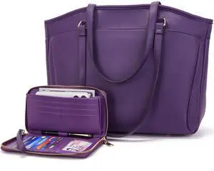 YZAOLL 15.6 Inch Laptop Tote Bag for Women,Water-resistant Vegan Leather with Anti-Scratch Padded Sleeve,Lightweight Multi-Pocket Work Bag for Business Travel,College,Office Essentials,Purple