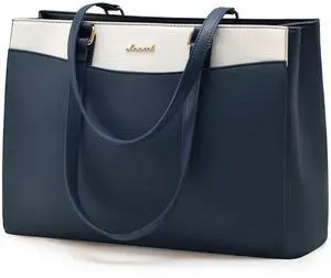 LOVEVOOK Laptop Tote Bag for Women, Work Bags Teacher Tote Bag, Waterproof Leather Computer Bag, Business Laptop Purse Office Handbag Professional Briefcase, Blue-beige, 15.6 Inch