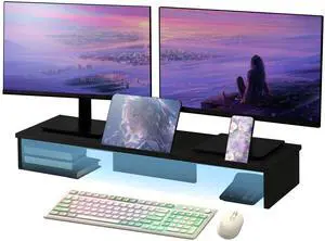 Qupui Dual Monitor Stand Riser with LED Lights and Phone Tablet Holder, 35.8in Large Monitor Stand for Desk, Computer Monitor Stand for 2 Monitors, Desktop Shelf Organizer for Laptop, Printer, TV