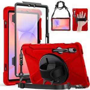 Gerutek Case for Samsung Galaxy Tab S10 Lite/S10 FE/S9 FE/Tab S9/S8 /S7 5G 10.9"/11", Full-Body Drop Protective Case with Screen Protector, Pencil Holder, 360° Rotating Handle Stand Strap, Red