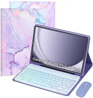 VLEAQC Keyboard Case for Samsung Galaxy Tab A9+/A9 Plus 11 Inch 2023 (SM-X210/X216/X218), Detachable Color Backlit Bluetooth Keyboard and Mouse, Lightweight Stand Cover with Pen Holder (Purple Marble)