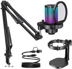 UHURU Gaming USB Microphone for PC, Computer Mic with Controllable RGB for PS4/5 Gamers, Podcast Mic with Boom Arm and Desktop Stand, Noise Cancellation, Mute Button, Gain Knob for Streaming