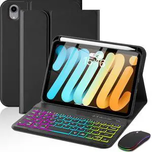 EAMPANG Case with Keyboard Mouse for iPad mini 7th(A17 Pro,2024)/6th Generation 8.3 inch,7 Color Rainbow Backlight Detachable USB-C Keyboard Magnetic Case with Pen Slot for iPad mini 6 7 Black