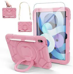 EayCoul case for iPad (A16) 11th Generation 11 Inch (2025)iPad 10th Generation 10.9 Inch(2022),with[Tempered Glass Screen Protector] [Pencil Holder] 360° Rotating Handle Stand (Rose Gold)