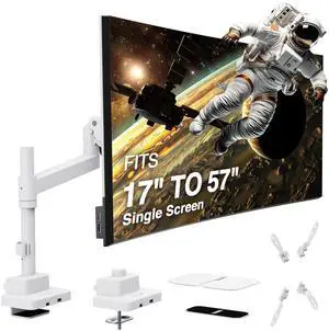 AVLT Single 57 Inch Heavy Duty Monitor Arm Pole Top Mount with USB-C USB-A Ports-White, Height Adjustable, Easy Install Top C-Clamp/Grommet with Reinforcement Plates, VESA Compatible 200/100/75