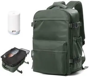 Large Vacuum Travel Backpack with Pump for Women, Personal Item Carry on Backpacks Flight Approved 18x14x8 inches for Men,Laptop Waterproof Work Compression bags Casual Daypack,BrownGreen