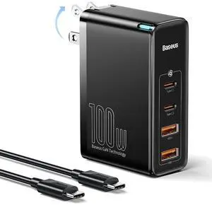 USB C Charger, Baseus 100W 4-Port GaN II Wall Charger, USB C Fast Charger Block with 2A+2C Ports for iPhone Series, Galaxy, MacBook, iPad, Laptops, AirPods, Apple Watch, Black