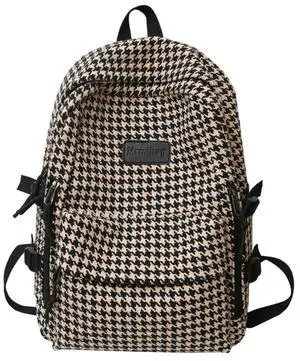 MININAI Vintage Tweed Backpack Aesthetic Houndstooth Print 15.6 Inch Laptop Backpack for Women Men Casual Daypack (One Size,Khaki)