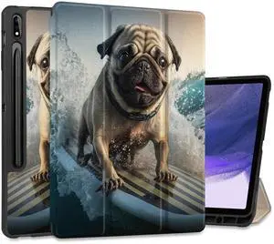 Yebiseven Case for 12.4 inch Samsung Galaxy Tab S8 Plus 2022/S7 Plus 2020/S7 FE 2021, Shockproof Protective Tablet Case with Auto Wake/Sleep & Trifold Stand & S Pen Holder, Dog Surfing