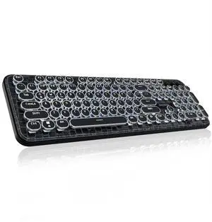 TISHLED Typewriter Keyboard with Faux Leather Panel, Wireless 2.4G/Bluetooth/Wired USB-C, Aesthetic Mechanical Gaming Keyboard 104-Key Clicky Blue Switch, Retro Round Keycap, White LED Backlit, Black