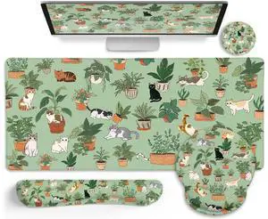 LIMKRIAN Cat Mouse Pad XXL Desk Mat Set, Green Ergonomic Mouse Pad with Wrist Rest, Large Gaming Mousepad Wrist Support Keyboard Mat Cup Coaster Set Cute Office Desk Decor Accessories