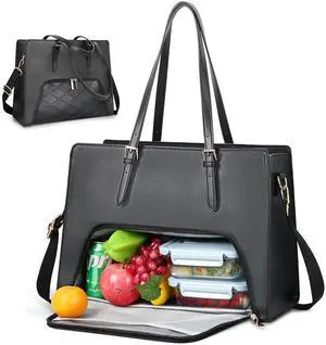 Jetviivid Laptop Tote Bag with Lunch Compartment, 17.3 Inch Work Bag PU Leather Computer Briefcase for Women, Laptop Shoulder Handbag for Business,Office,Work,Black