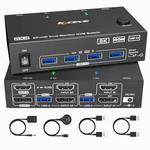 KVM Switch 2 Monitors 2 Computers 4K@144Hz 8K@60Hz, HDMI Displayport Dual Monitor KVM Switch for 2 PC Share 2 Monitors Keyboard Mouse Printer, Wired Remote,Power Adapter and USB Cable Included
