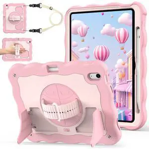 ZoneFoker for iPad A16 11th Generation 2025 / 10th Gen Case 2022, for 11 Inch / 10.9 Inch iPad Case Heavy Duty Cover Shockproof with Pencil Holder [360° Rotate Strap] & Stand for Kids, Pink
