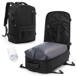 VECAVE Vacuum Backpack Travel with Pump for Women, Personal Item Carry on Backpacks Flight Approved for Men,Laptop Waterproof Work Compression bags Casual Daypack Black