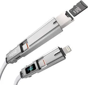 PZOZ 5-in-1 OTG Cable with USB C Fast Charging LED Display and Micro SD Card Reader, Multi USBC Charger Combo Lightning/Type C/USB A TF Card OTG for iPhone iPad MacBook AirPods Pro Samsung-140W 5 ft
