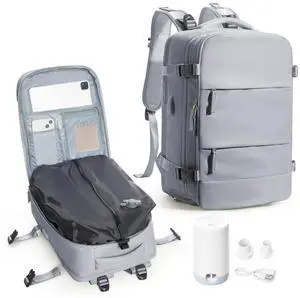 VENATIN Vacuum Backpack Travel,Travel Backpack with Vacuum System,Vacuum Seal Compression Backpack with Pump for Travel,Flight Approved 18x14x8 inches Laptop Bag,Grey