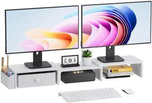 VERSASKY Dual Monitor Stand Riser, Adjustable Length & Swivel Angle Monitor Stand, Ergonomic Monitor Stand with Drawer & Side Pockets, Desktop Organizer and Office Desk Accessories, White