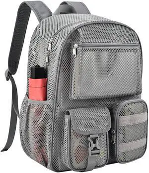Mesh Backpack for School, 25L Large Heavy Duty mesh backpacks for Adults Girls Boys Kids with Inner Laptop Compartment, mesh Schoolbag for Outdoor Hiking Beach(Gray, Small)