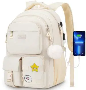 kadilong Cute Middle High School Bags Bookbag for Teen Girls,Laptop Backpack for Women,Back Pack Knapsack for College Student(Beige)