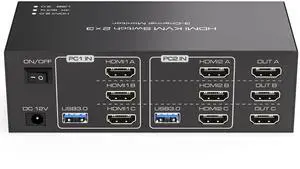 HDMI KVM Switch 3 Monitors 2 Computers 4K@60Hz KVM Switches with 4 USB 3.0 Ports for 2 Computers Sharing Triple Monitor and 4 USB Devices Support Extended & Copy Mode with 2 USB Cables