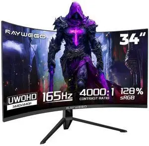 Raywego 34'' Curved Gaming Monitor 165Hz UWQHD 3440×1440P Monitor,PIP/PBP, HDR, 300nits 1ms,127% sRGB FreeSync & Eye-Care, Support VESA,Tilt Adjustment,HDMI×2 & DP 1.4×2(DP Cable Included)