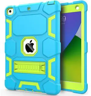 CCMAO Case for iPad 6th/5th Generation (9.7-inch, 2018/2017), iPad Air 2 Generation Case (2014) with Kickstand, Hybrid Shockproof Protective iPad 9.7 Case for Kids Boys,Sky Blue+Yellow