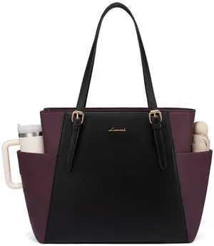 LOVEVOOK Laptop Tote Bag for Women With Large Cup Holder, Leather Work Tote Bag for Women,15.6 Inch Professional Computer Briefcase Business Teacher Commuter Shoulder Bag,Office Travel Gift