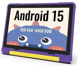 Kids Tablet, 10.1 Inch HD Android 15, 64GB Storage, 8GB RAM, Eye Protection Mode, 10-Hr Battery, Parental Shockproof Case - Tablet for Kids (Purple)