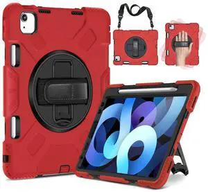 TNP Protective Case for iPad Air 5th 4th Gen 10.9 inch and iPad Pro 11 Inch 4th 3rd 2nd Generation (2022 2021 2020 2018) with Pencil Holder, Handle, Adjustable Stand & Shoulder Strap, Red