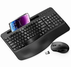 Wireless Keyboard and Mouse Ergonomic Combo, Moojay 2.4G Rechargable Full-Sized Quiet Wave Keyboard Silent Mice Set with Wrist Rest and Phone Holder for Computer, Laptop, PC, Mac, Windows - Black