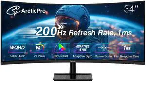 ArcticPro 34inch 200Hz, Curved Gaming Monitor, WQHD 3440 * 1440p, VA Panel, 1ms Response Time, Adaptive sync, 3-Sided Frameless, Ultra Slim, 99% sRGB, Bluelight Filter, HDMI(TMDS)& DP Ports,Black ArcticPro 34inch 200Hz, Curved Gaming Monitor, WQHD 3440 * 1440p, VA Panel, 1ms Response Time, Adaptive sync, 3-Sided Frameless, Ultra Slim, 99% sRGB, Bluelight Filter, HDMI(TMDS)& DP Ports,Black