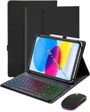 XCHYTECHER Universal Tablet Keyboard Case for 9.7",10.1",10.2",10.5",10.9",11" iPad Samsung Fire Pixel Android 10.1 inch Tablets, 7 Color Rainbow Backlit Removable Keypad with Pen Holder(Black) +Mouse