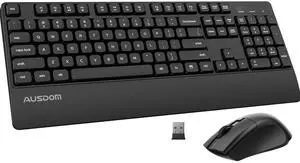 AUSDOM Wireless Keyboard and Mouse Combo, 2.4Ghz Ergonomic Silent Keyboard Mouse, Full-Sized Cordless Membrane Keyboard with Palm Rest for Windows, Mac, PC, Laptop, Adjustable DPI Mouse, USB Receiver