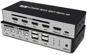 ORIVISION UHD HDMI KVM Switch, Max 4K@30Hz Selector Switch, HDMI Switcher 4x1 with 4 USB Ports Peripheral Box Switching Hub,1 Button Switch and 4 Cables, 4 Switching Ways for Option