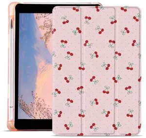 AdorableWhimsy Cute Cherry Printed Case for iPad 9th/7th/8th Generation(2021/2020/2019, 10.2 Inch) with Pencil Holder Auto Wake/Sleep Smart Trifold Pink Leather Soft TPU Back Cover for Girls Kids