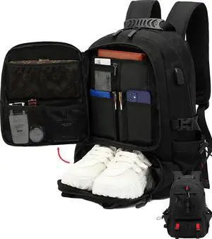 SecretShushBling Large Laptop Backpack with Shoe Compartment, Waterproof Rucksack 15.6/17 Inch, Travel School Gym Work College Bags for Men (Black, XL(60L))