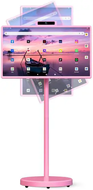 VLH 32 Inch Portable Smart TV,1080P Touchscreen Android 15 Monitor on Wheels,5MP Camera,4-6H Battery,8+128GB Storage,Voice/Airmouse Remote Control,Rotatable Display for Home/Office/Outdoor (Pink)