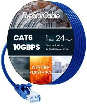 24-Pack 1FT Cat6 Ethernet Cable, Patch Cable, High-Speed LAN Cable with RJ45 Connectors, Gigabit Network Cord for Router, Modem, PC, Xbox, PS5, Computer, Durable & Reliable, Blue